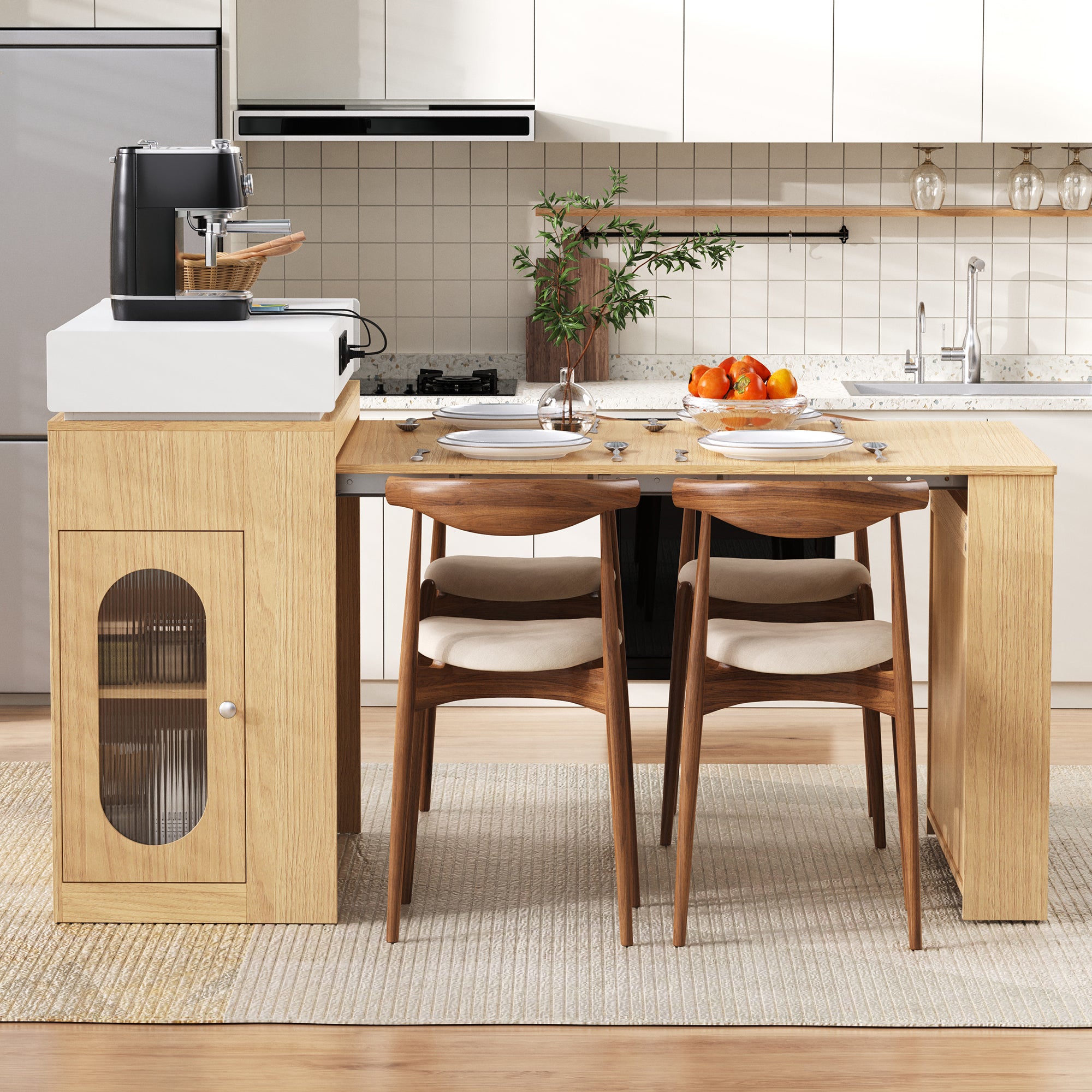 Îlot de cuisine avec prise électrique et crochets,Table à manger pliante extensible,Table de bar moderne avec roulette,Color Naturelle83×46-146.5×96cm - 8