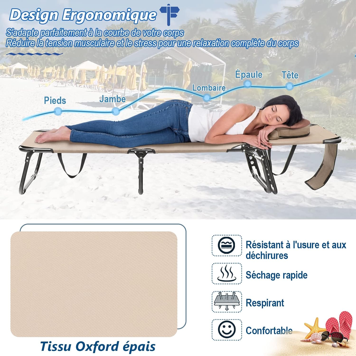 Transat Jardin Extérieur/Chaise Longue Pliante Réglable en 5 Positions, Bain de Soleil avec Trou pour Visage, 3 Coussins Amovibles, Charge 160 KG - 6