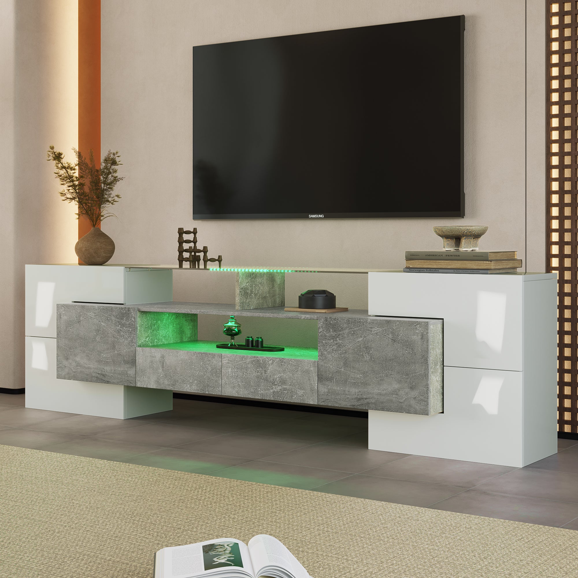Stolik pod TV z 4 drzwiami i 1 szufladą - 200 x 30 x 60 cm - LED-y - Blat ze szkła i płyty MDF - Szary + biały