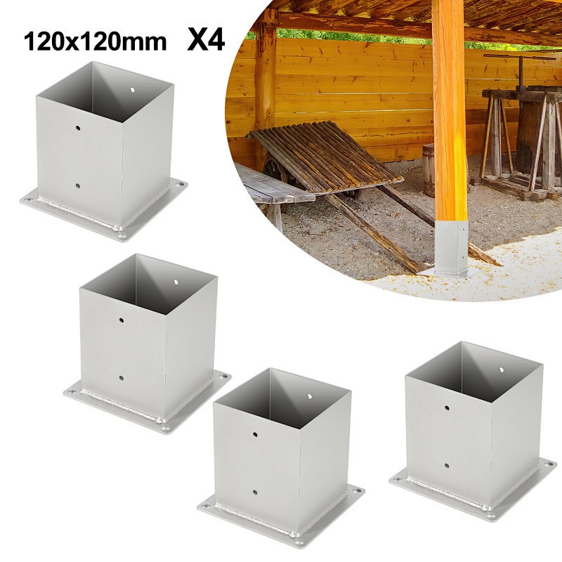 Kwadratowa stopa słupa ogrodowego, 4x drewniane słupy kwadratowe, wspornik słupa do ogrodzenia, wiaty i pergoli - 120 x 120 mm