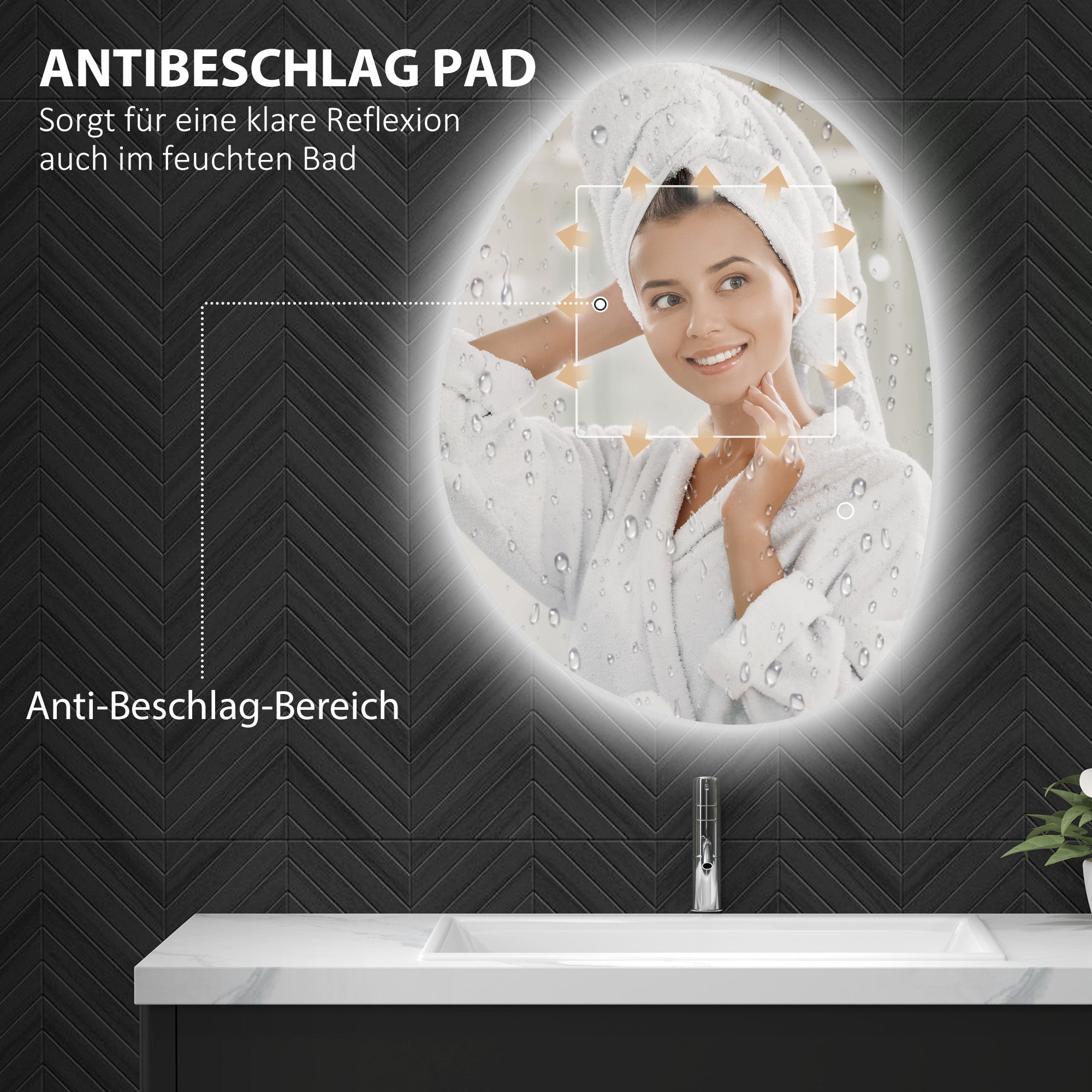 Specchio da bagno asimmetrico 70 x 50 cm con illuminazione a LED, interruttore touch intelligente, funzione antiappannamento, argento - 6