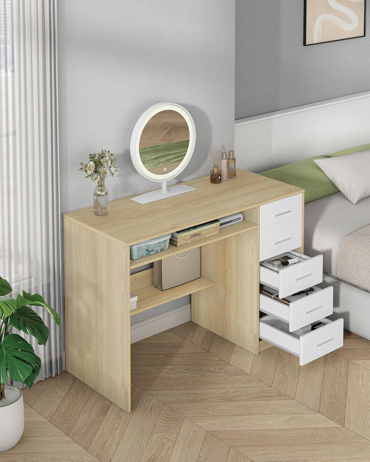Bureau, Bureau avec 5 Rangement, Table Informatique au Design Minimaliste, Table d'ordinateur de Style Moderne,pour Études, Chêne Sonoma + Blanc - 7