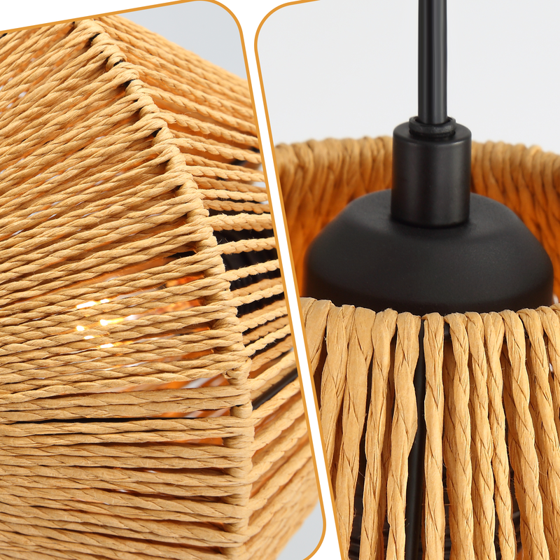 Nettlife Lampada Sospensione Boho Rattan - Lampadario 3 Luci E27, Regolabile, Stile Retrò, Tavolo Pranzo Camera (Senza Lampadina) - 6
