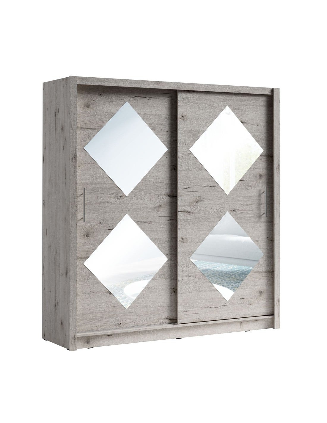 Armoire 2 portes coulissantes 205 cm avec 4 miroirs carrés chêne