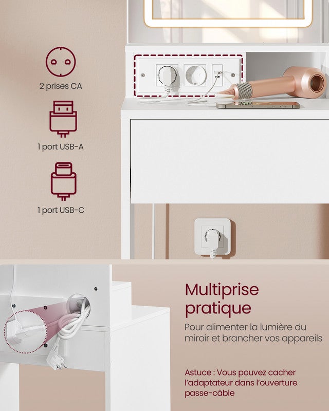 Coiffeuse avec Miroir LED, avec Multiprise, Compartiment avec 2 Étagères Réglables, 1 Tiroir, 2 Étagères, Coin Beauté, Moderne, Blanc - 4