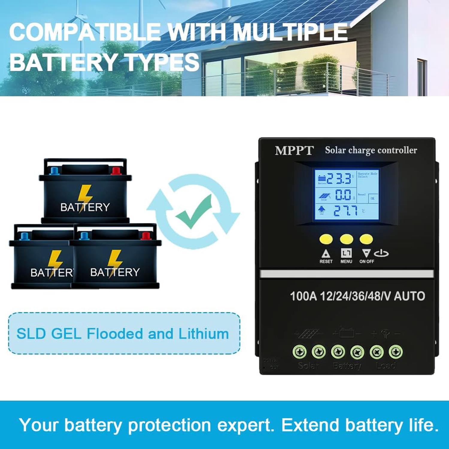 Regulador de carga solar MPPT 100 A 12 V 24 V 36 V 48 V Ecrã LCD Bateria Regulador inteligente Max 100 V Entrada Dual USB - 3