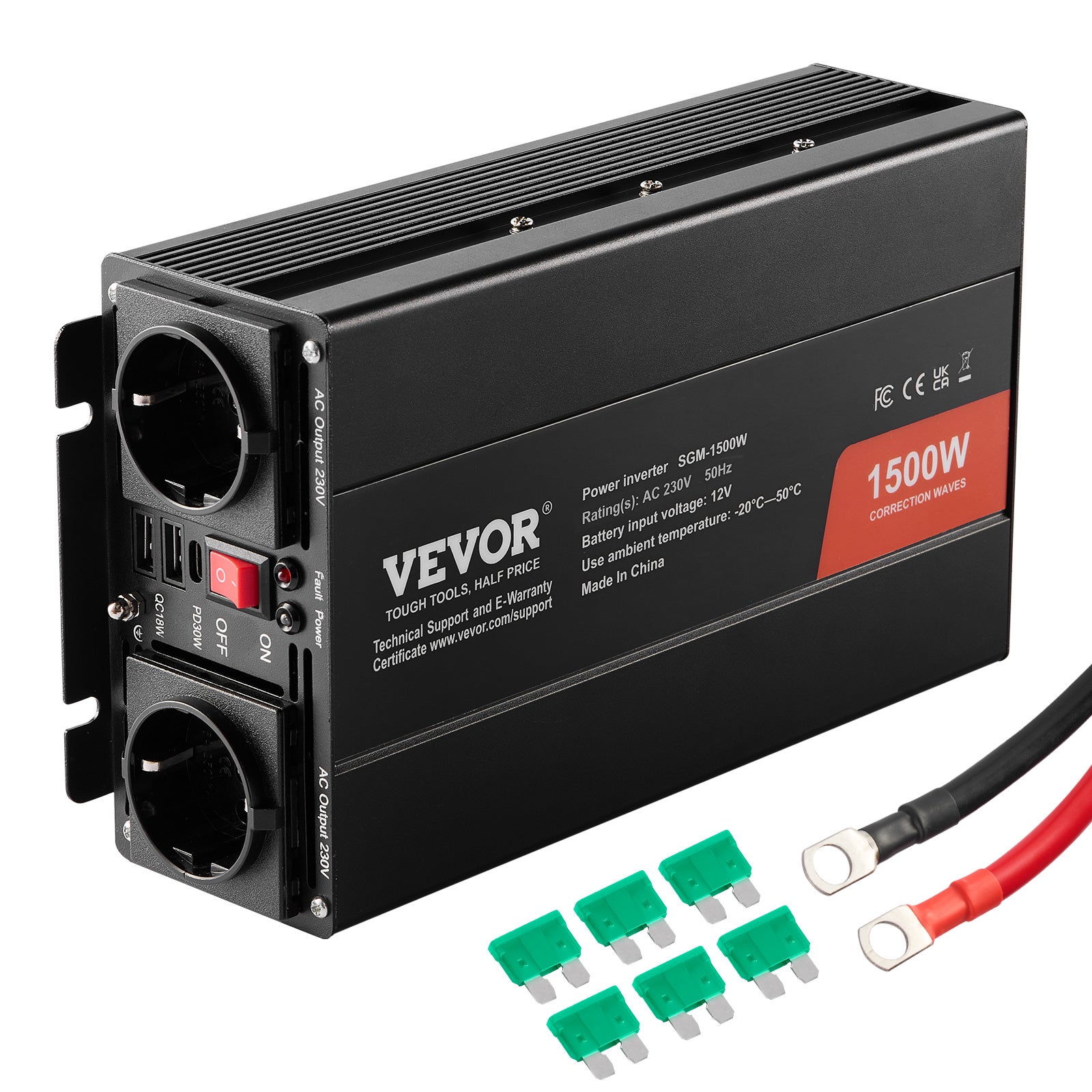 Falownik sinusoidalny, falownik sinusoidalny 1500 W DC 12 V AC 230 V z 2 gniazdami prądu przemiennego 2 porty USB 1 port typu C 6 zapasowych bez VEVOR