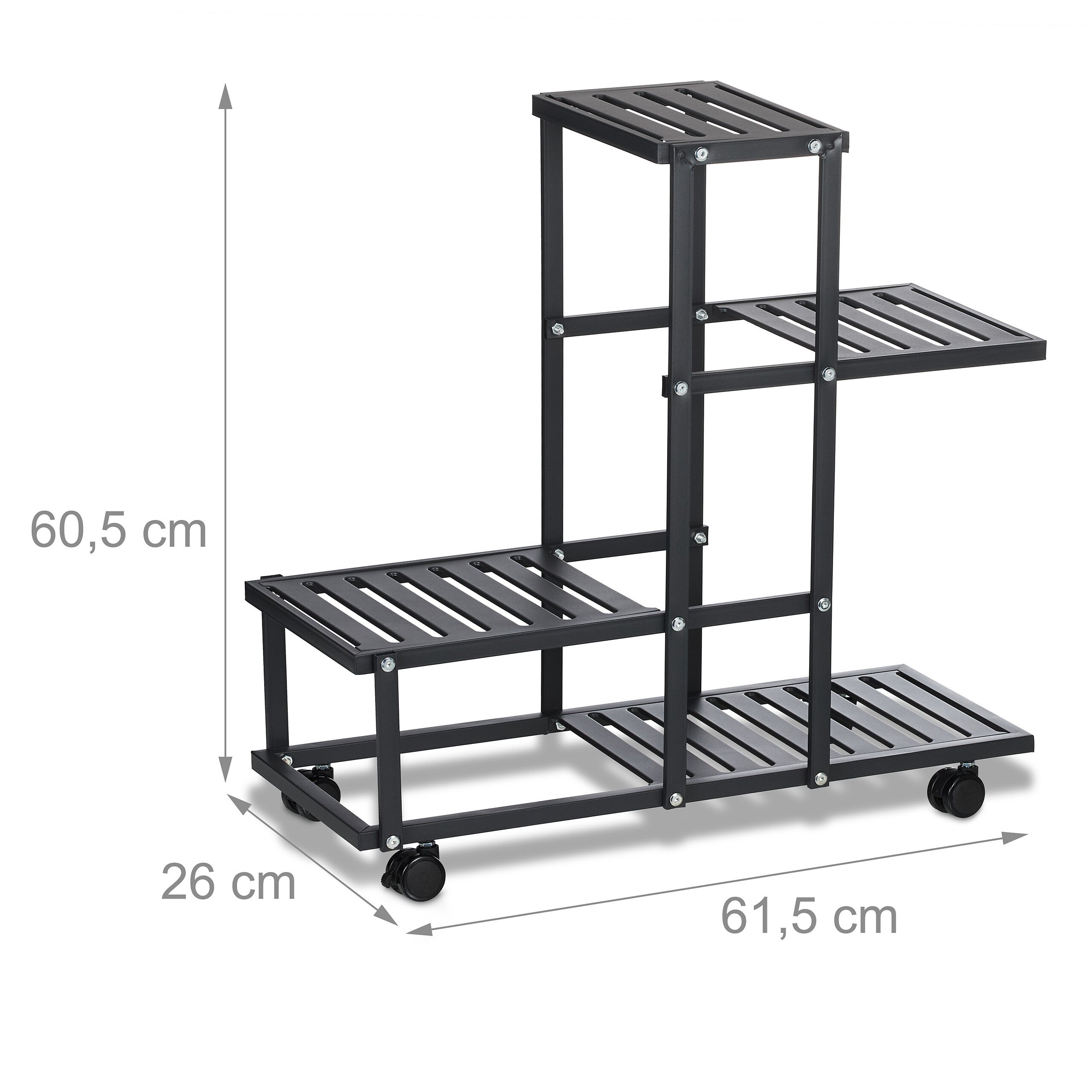 Scaffale Portapiante con Rotelle, 60,5 x 61,5 x 26 cm, a 4 Ripiani, in Acciaio, Portafiori e Portavasi, Nero, Relaxdays - 4