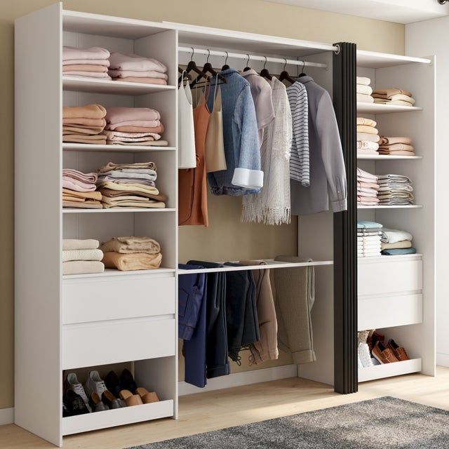 Dressing double XXL MERYL 220 cm avec porte pantalons + étagères + tiroirs + rangements à chaussures blanc et gris