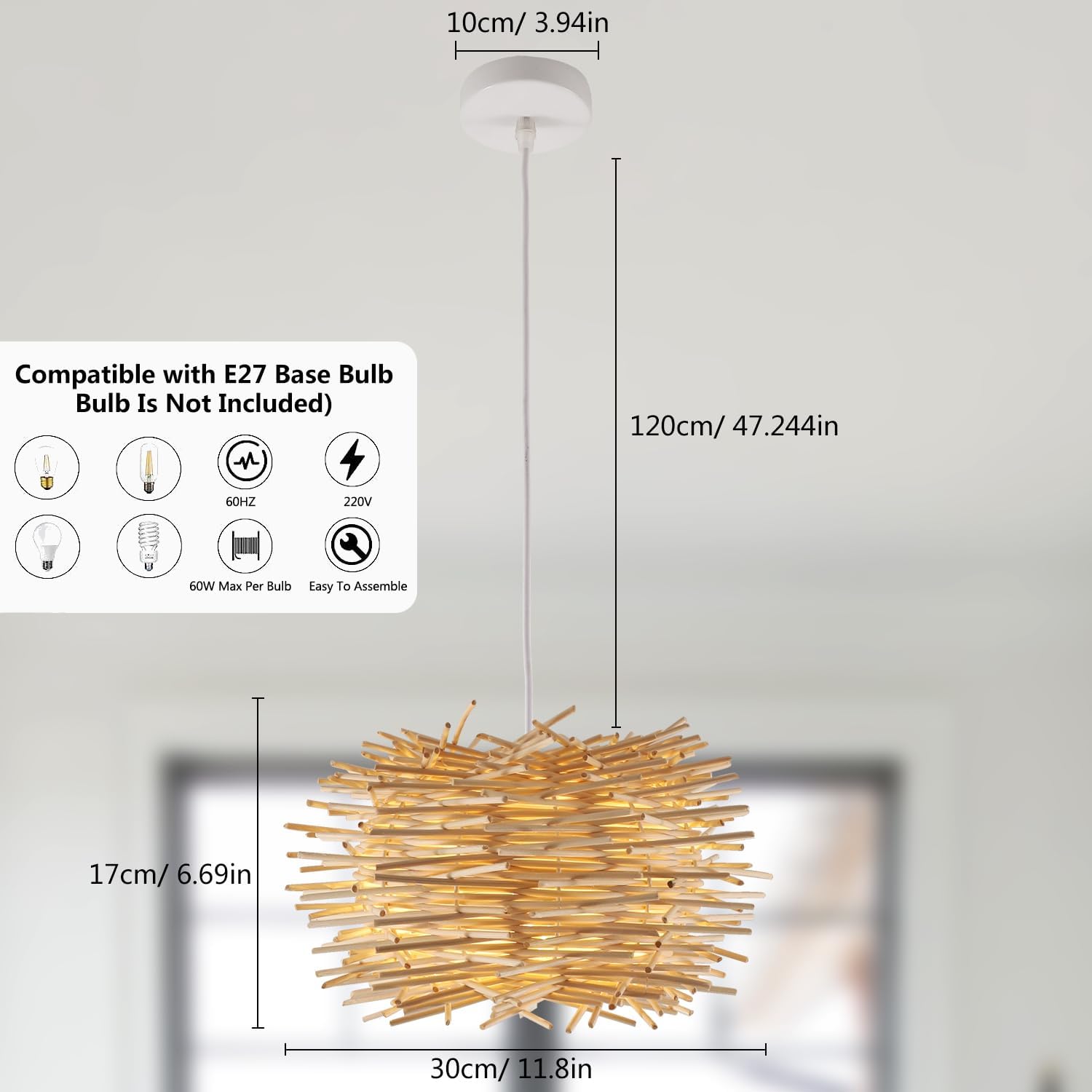 GOECO Lustre Suspension en Rotin, Vintage E27 Suspension Lumineuse en Rotin, Creative en Nid D'oiseau Suspension en Bambou Naturel pour Salon Chambre - 5