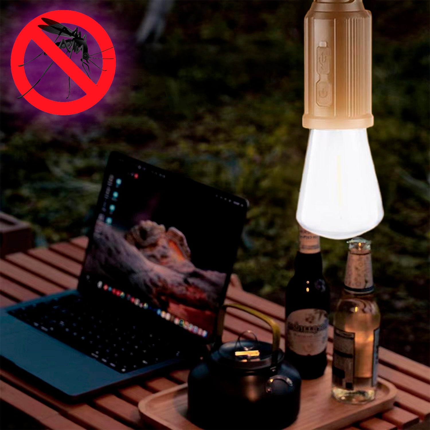 Lampadina LED T02 con carica solare e antizanzare, con gancio per appendere, batteria ricaricabile da 400mAh, 5W e luce calda fino a 12 ore di durata. - 4