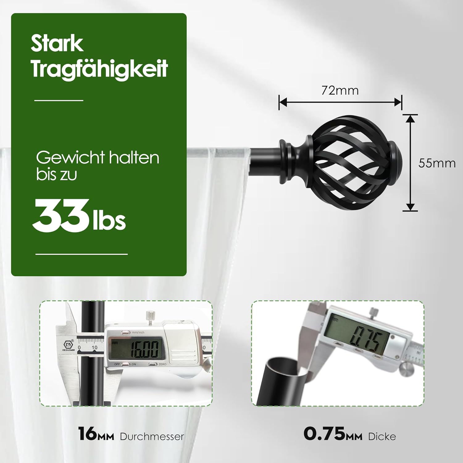 Tringle à rideaux en acier inoxydable noir mat 76-245 cm Avec embout et ...