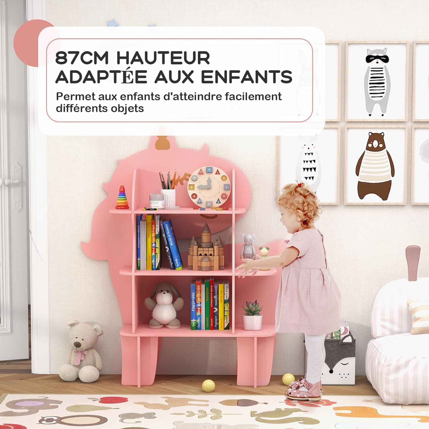 Libreria in Legno per Bambini, Organizzatore di Archiviazione Giocattoli con Ripiani, Adorabile Scaffale con Anti-Ribaltamento per Stanza dei - 4