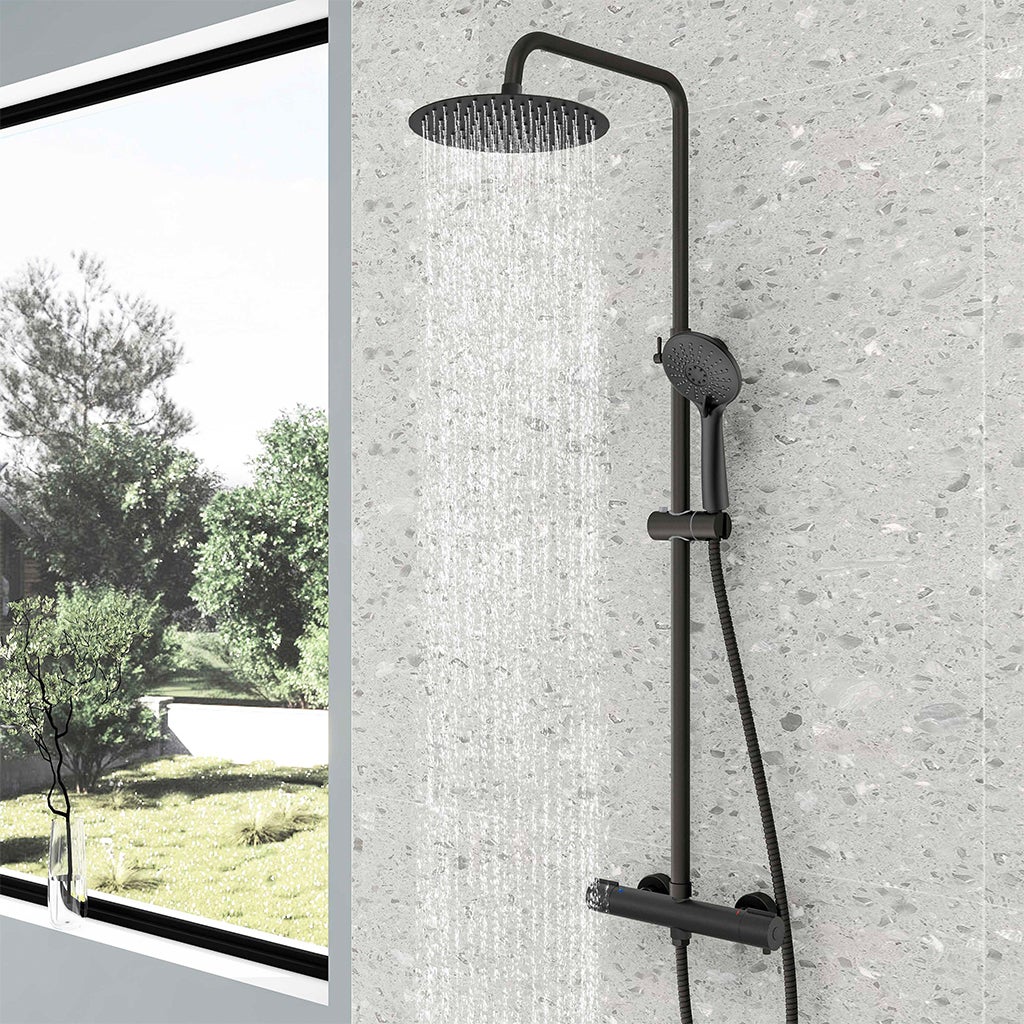Rubinetto Termostatico Doccia E Lavabo Nero Opaco Quadrato Stile Moderno Completo Di - Foto 2