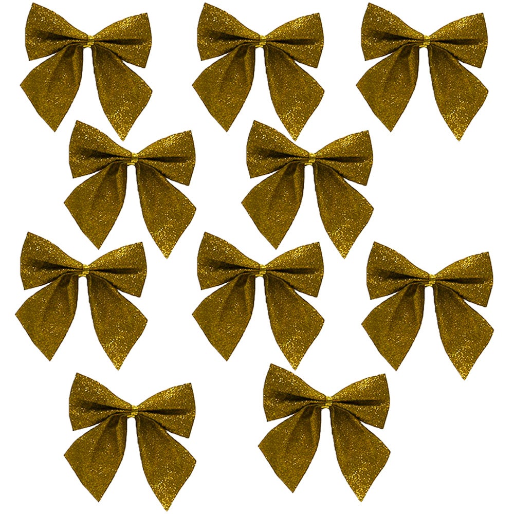 6 Fiocchi Di Natale Glitterati Oro Per Albero - 30x20 Cm - Nastro In Poliestere Per Ghirlande E Decorazioni Natalizie