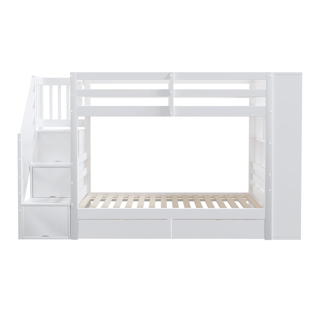 Lit superposé enfant 90x200 cm avec 2 tiroirs - Escalier de rangement - Étagères ouvertes - Barrière haute - Sommier à lattes - Blanc - 5