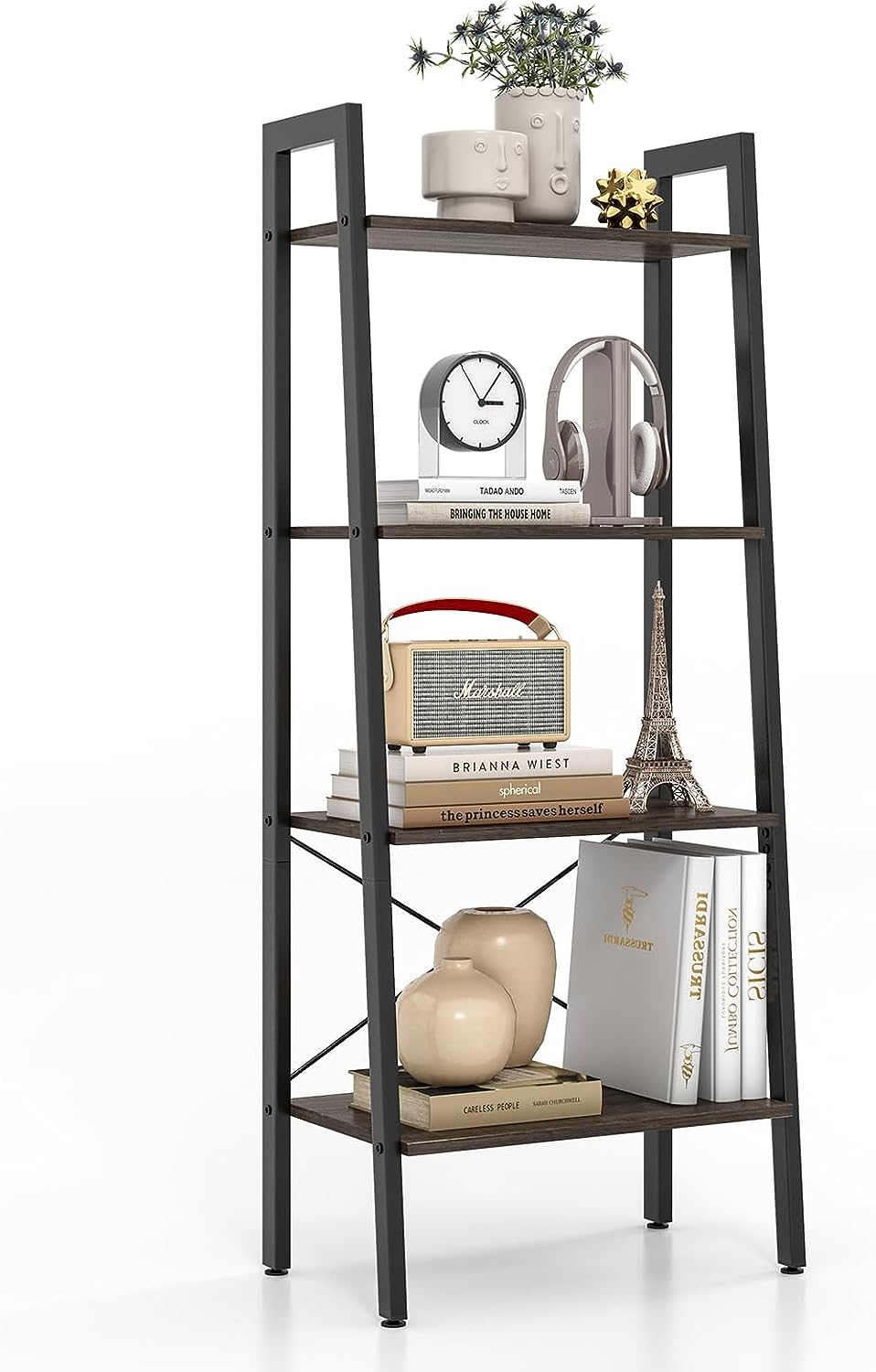 Regał na książki, regał z 4 poziomami, drewniany regał drabinkowy, z zabezpieczeniem przed przewróceniem i regulowanymi poduszkami na nogi, szary