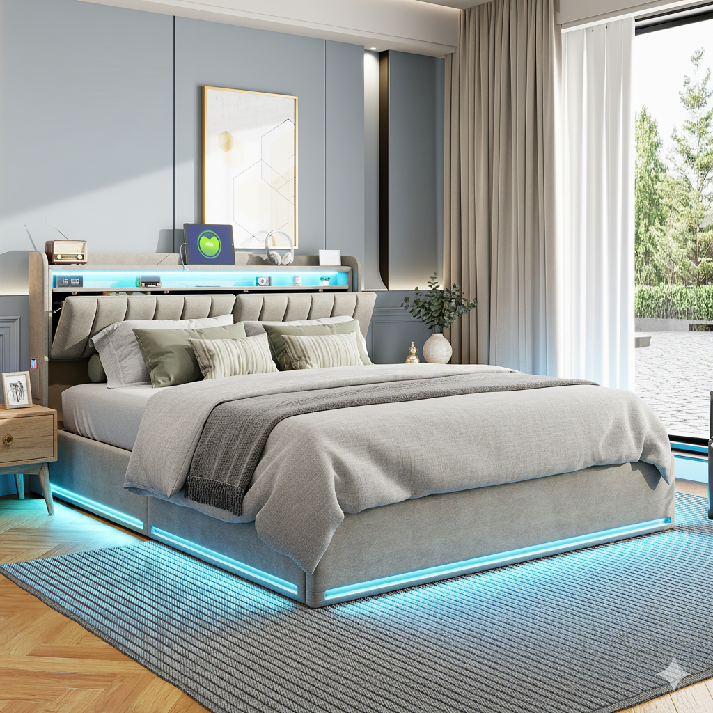Lit 160x200cm - Lit coffre 160x200 avec sommier et tête de lit rangement - LED et port charge - velours - gris - 3