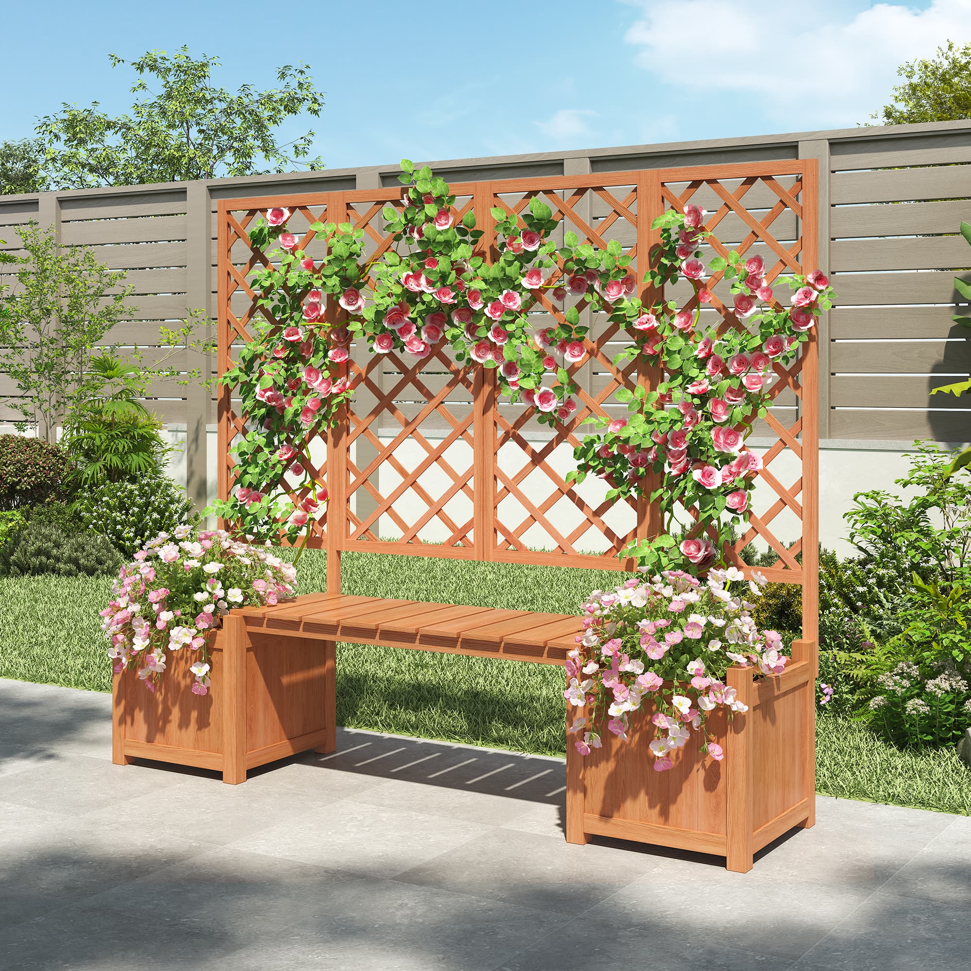Jardinière Bois Massif Brun Sapin, Treillis pour Plantes Grimpantes avec Assise, Bac à Fleurs Grande Capacité pour Jardin, Cour et Terrasse - 8