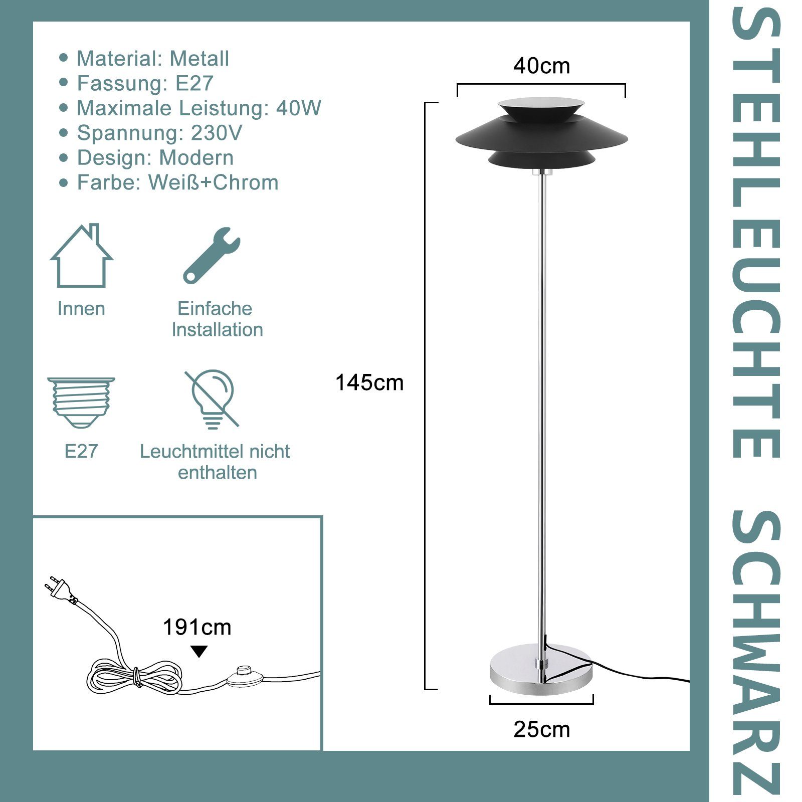 ZMH Czarna lampa podłogowa E27, lampa podłogowa z jednym płomieniem i przełącznikiem nożnym, metalowa - 3
