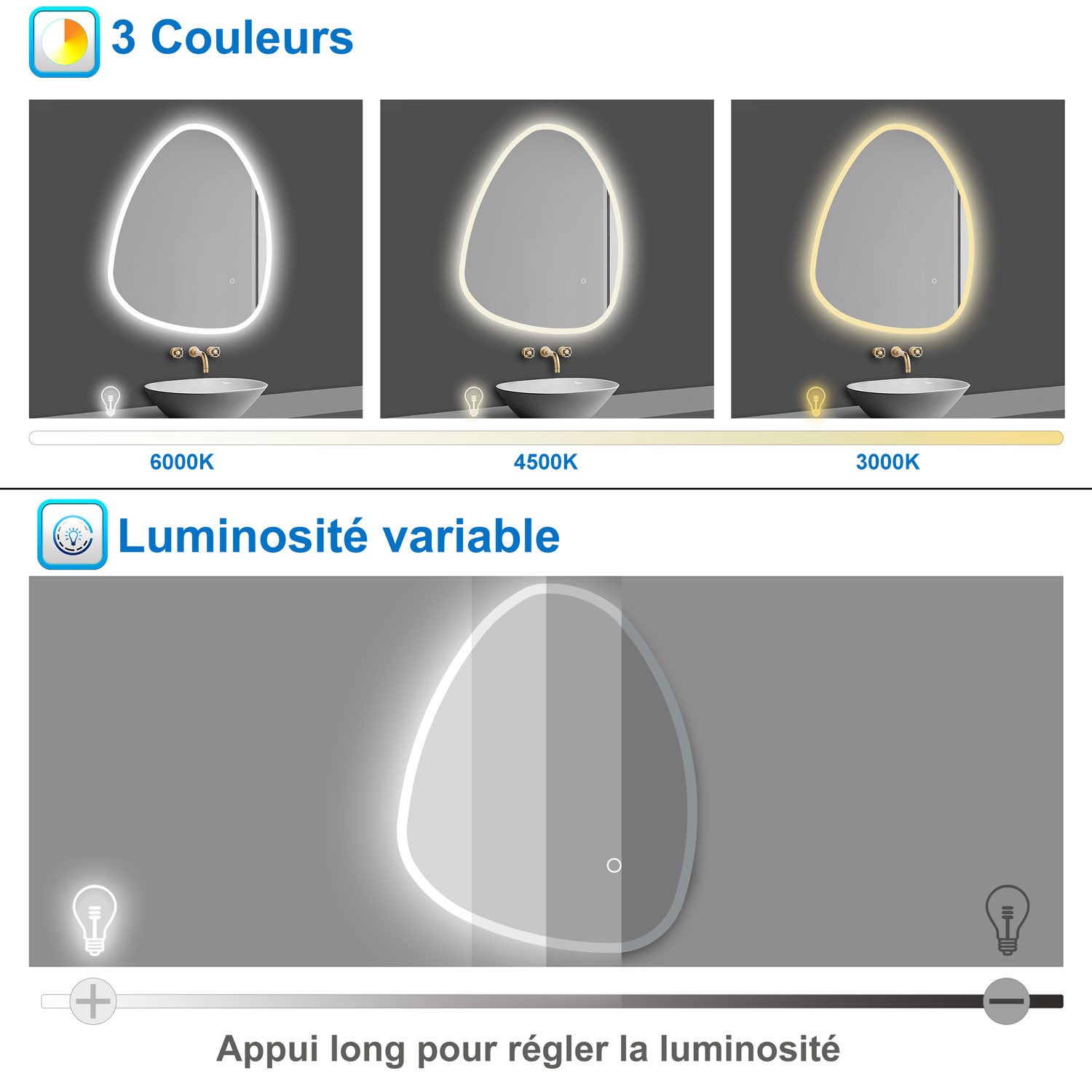 AICA Miroir lumineux 80 x 65cm acve 3 couleurs + dimmable + anti-buée + mémoire, miroir salle de bain led - 3
