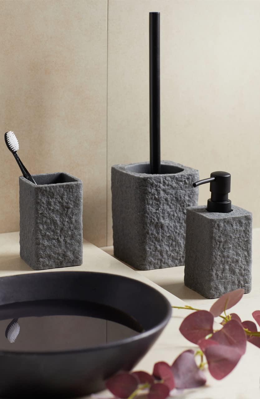 WENKO Set WC Villata, pregiato portascopino dal look effetto pietra naturale in poliresina di qualità, 11,2 x 37 x 10 cm, colore grigio - 6