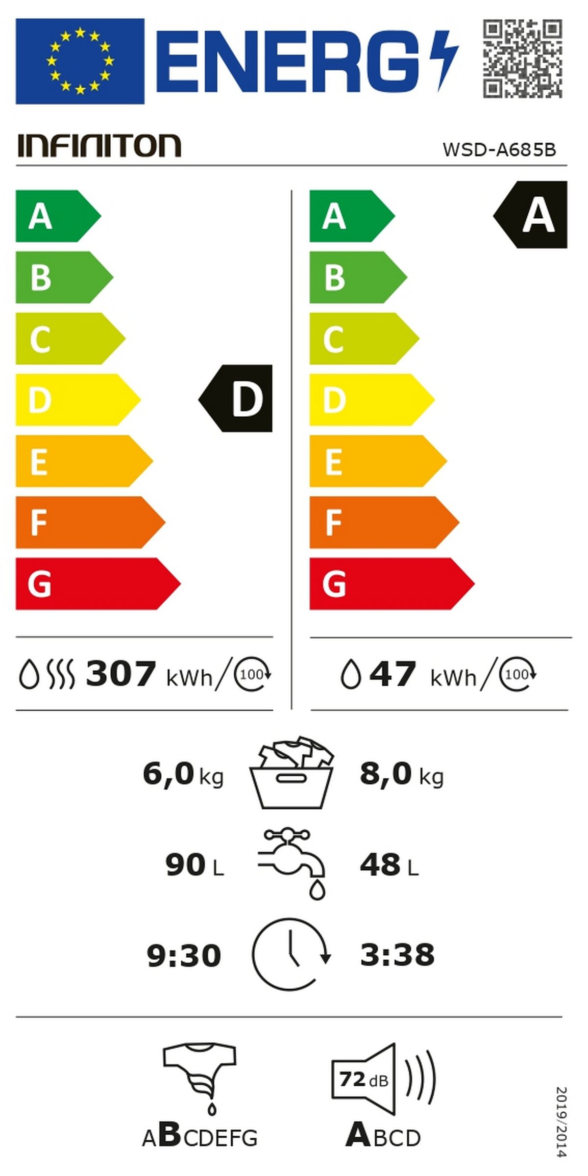 Lavaseca INFINITON WSD-A685B, 8 kg / 6 kg, 1400 rpm, A/D, Inverter, Blanco - 9