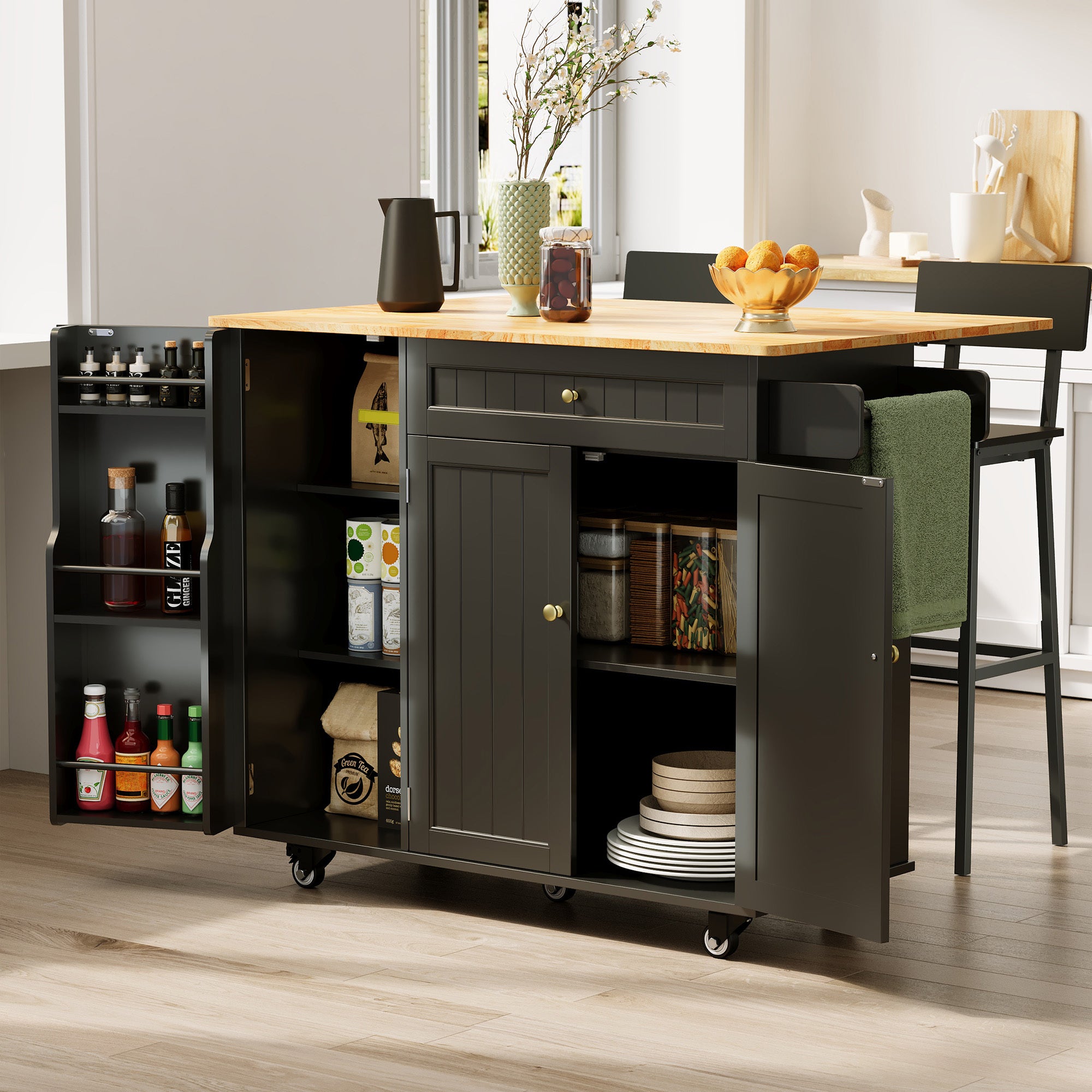 Îlot de cuisine mobile avec 3 portes et 1 tiroir, plateau extensible 130x45(75)x88 cm, MDF noir et naturel, Bealife - 7