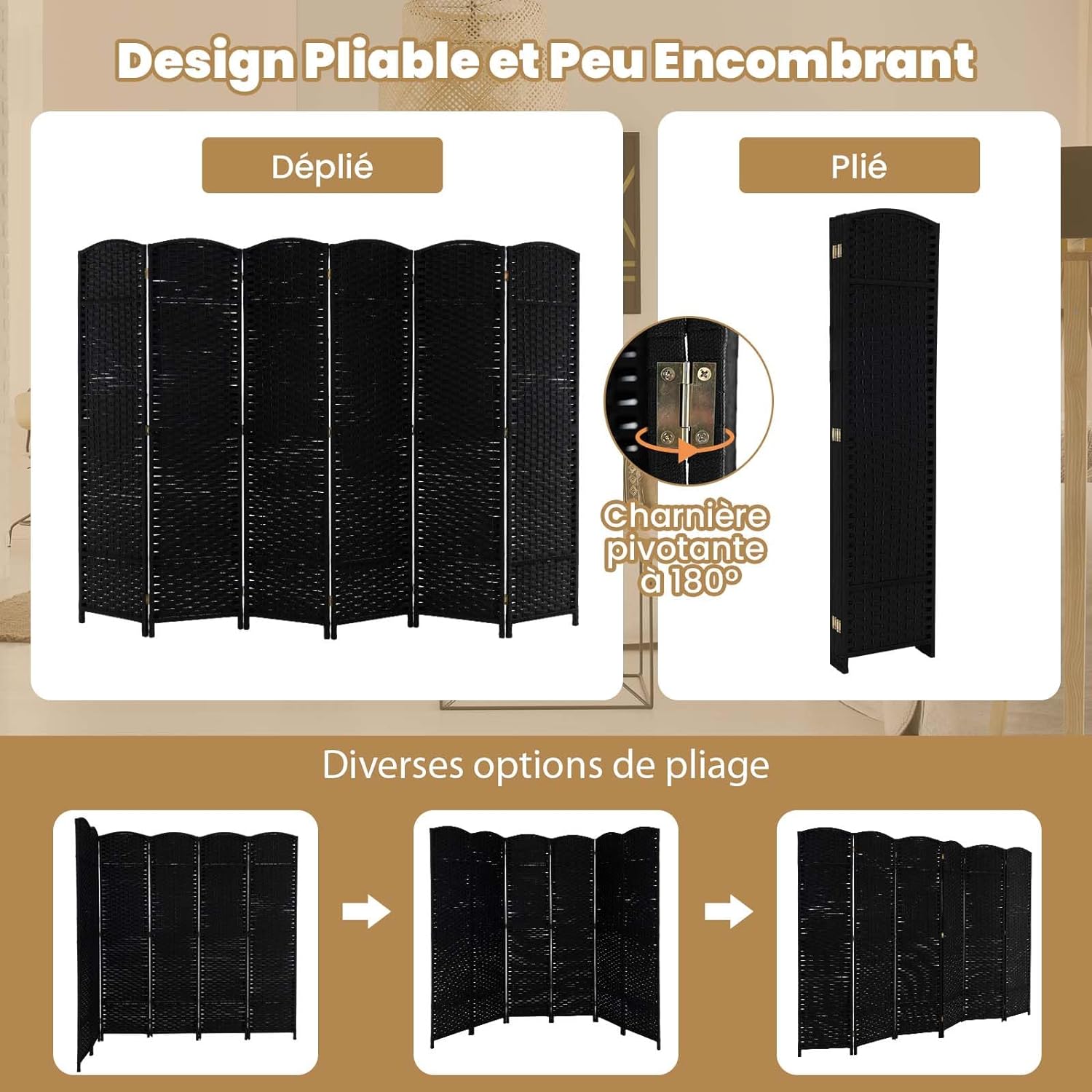 Séparateur de Pièce Cloison de Séparation, Paravent 6 Panneaux Pliable 170 CM, Cadre en Bois Massif,240x170CM (Noir) - 2