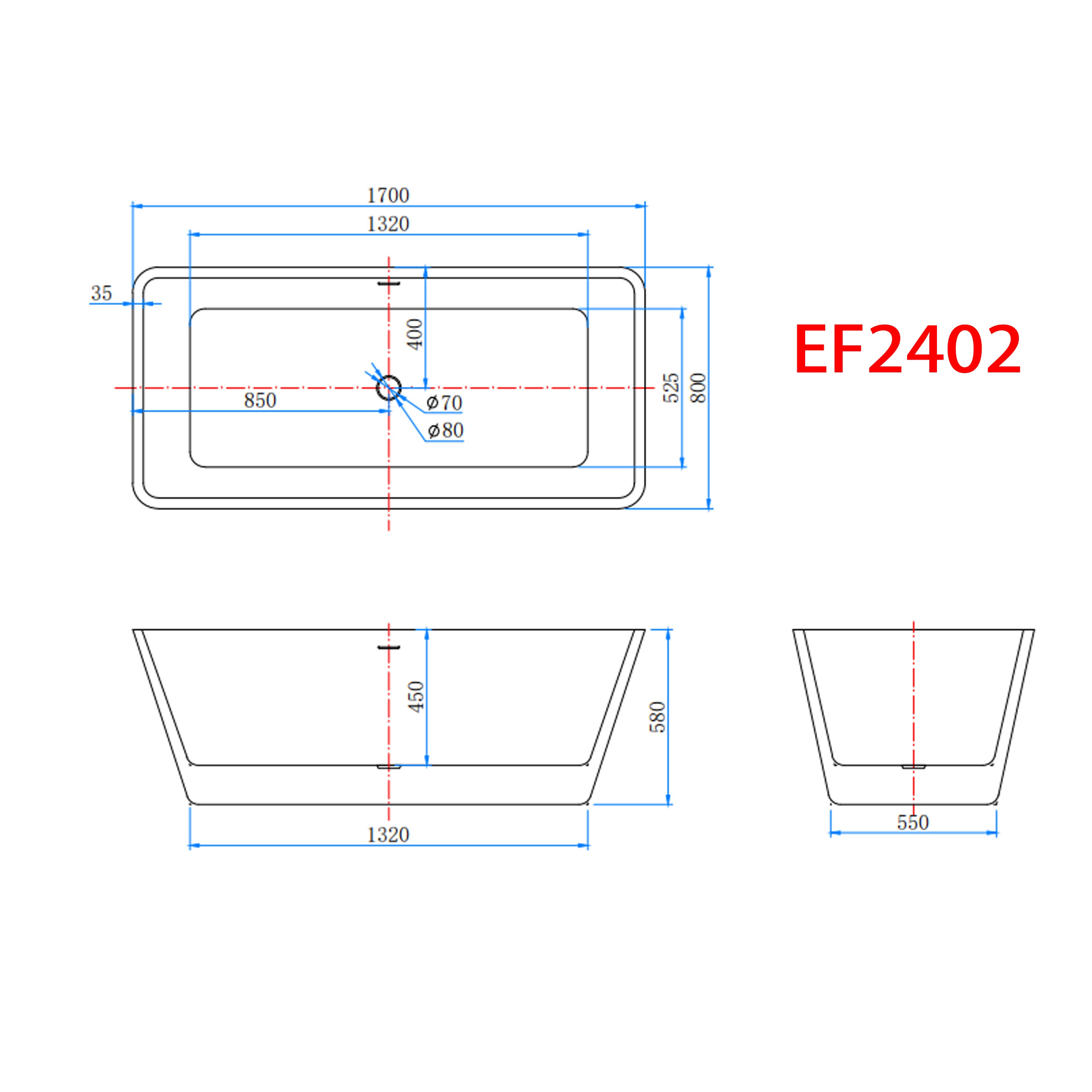 AICA Bañera de acrílico rectangular exenta,1700x800x580mm,color blanco,incluye manguera + desagüe - 5