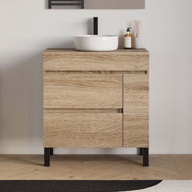 Meuble de salle de bain 80cm avec plateau et vasque à poser ronde - porte et tiroirs - sans miroir - cambrian (chêne clair) - LAZARO