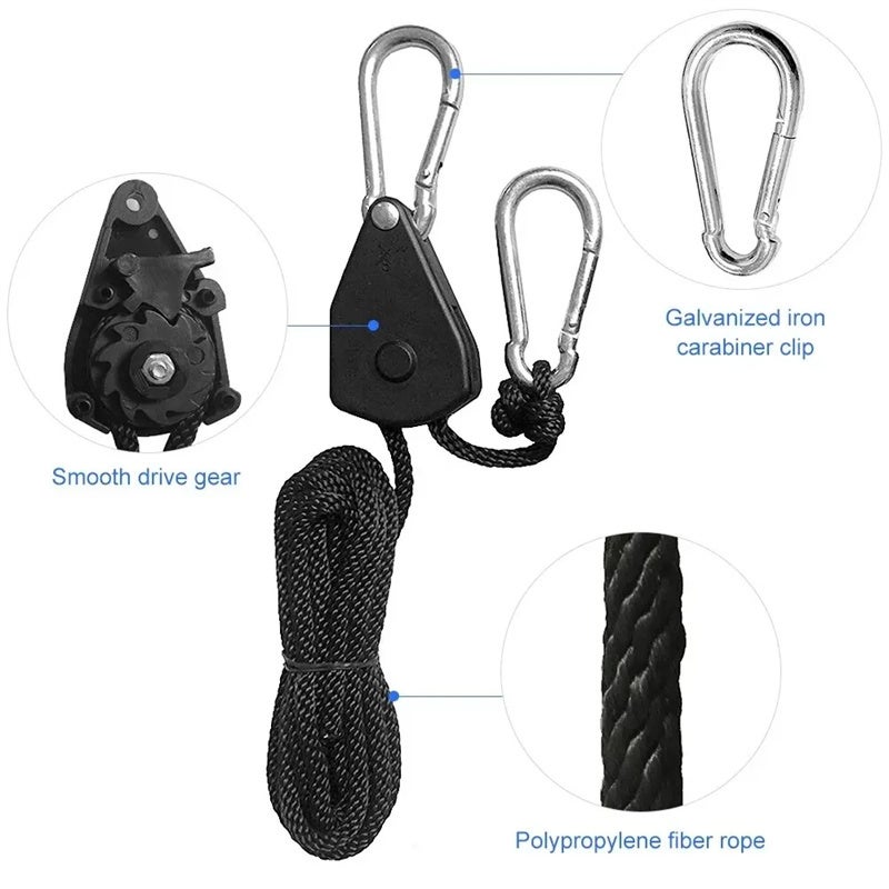 Lot de 4 crochets à cliquet réglables et robustes pour tentes et lampes de culture - Crochets de poulie à corde de 1/8, parfaits pour le camping - 6