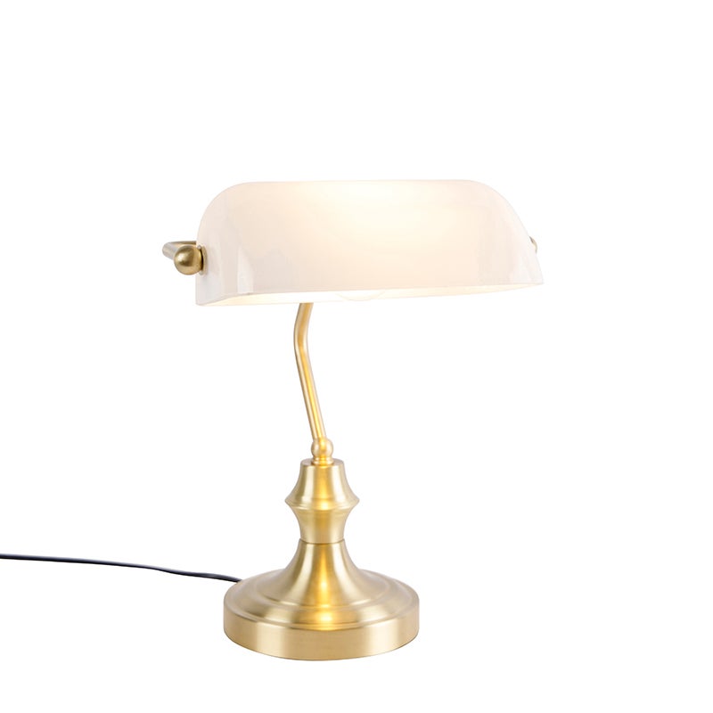Klasyczna lampa notarialna złota z opalowym szkłem - Banker
