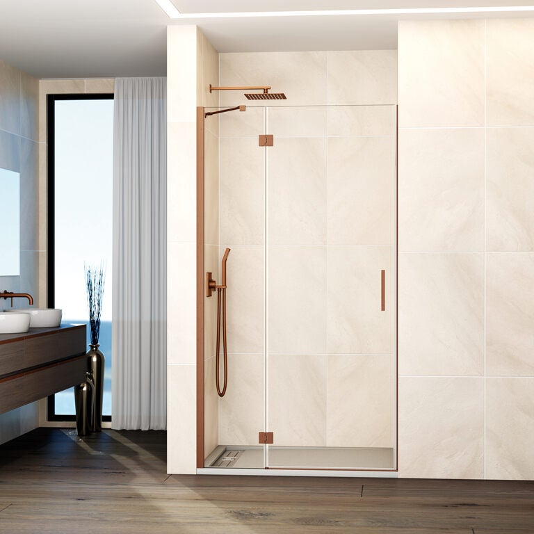 Mampara glass panel fijo + puerta abatible 122-125 cm (60+65) cobre