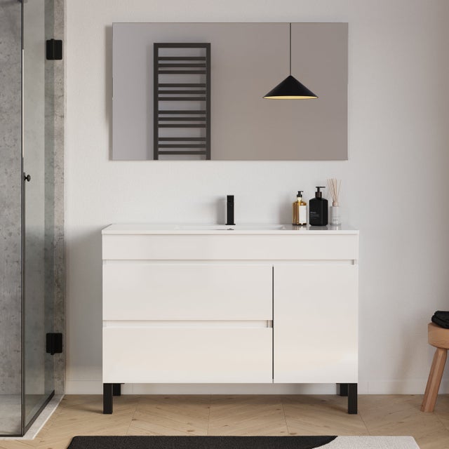 Meuble de salle de bain 120cm simple vasque sur pieds avec porte et tiroirs - blanc brillant - LAZARO