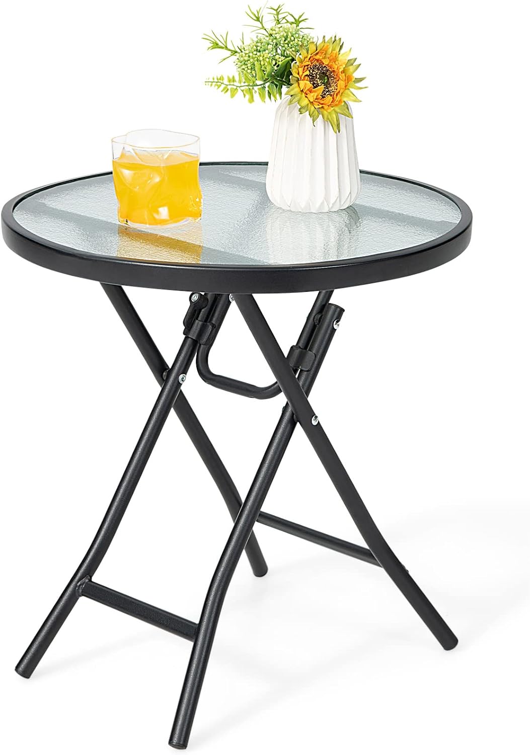 Okrągły Składany Stół Ogrodowy ze Szkła 46,5 x 46,5 x 47 cm – Obciążenie 50 kg – Żelazna Rama – Szkło Faliste – na Patio/Taras