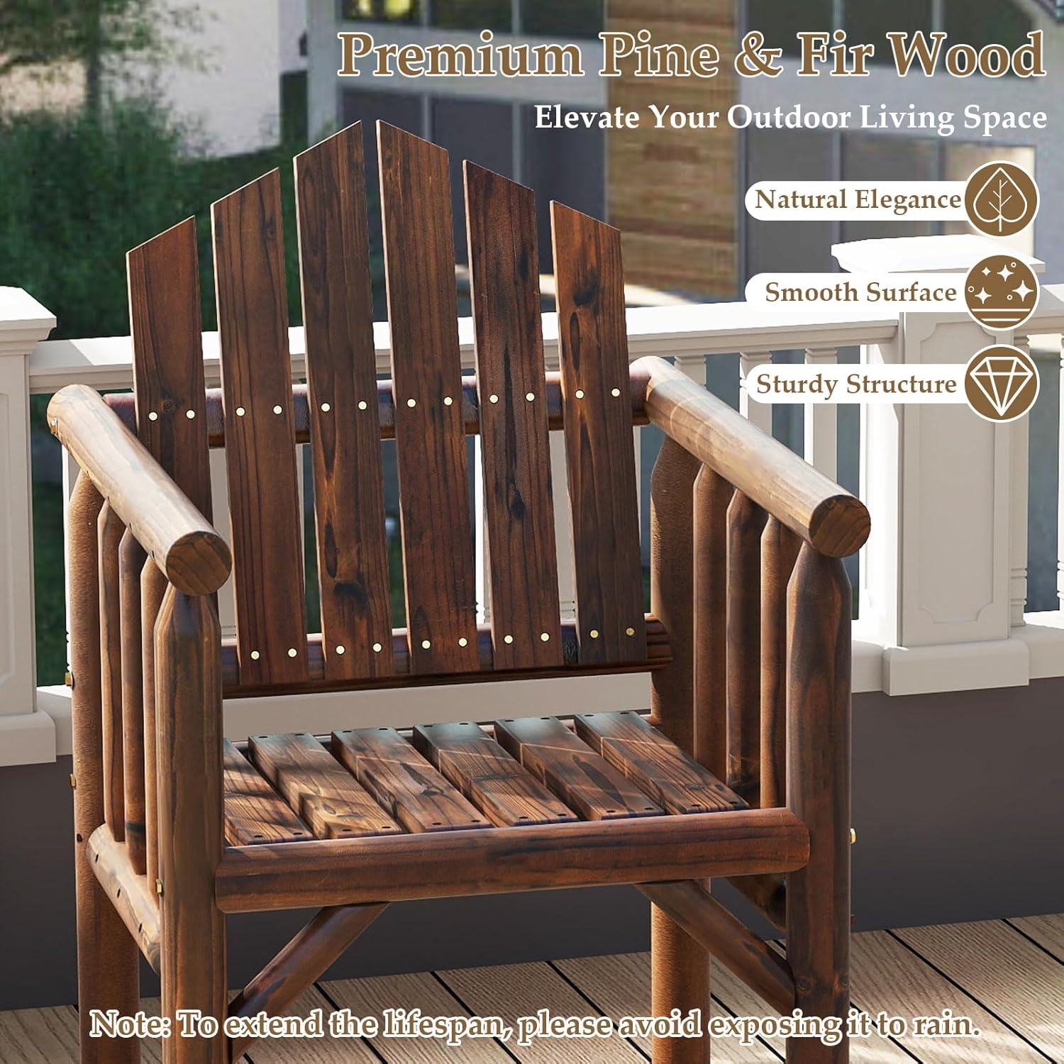 Fotel Adirondack z Drewna, Krzesło Ogrodowe Adirondack z Podłokietnikami i Wysokim, Pochylonym Oparciem, Nośność 150 kg, 66 x 62,5 x 98 cm (Brązowy) - 4