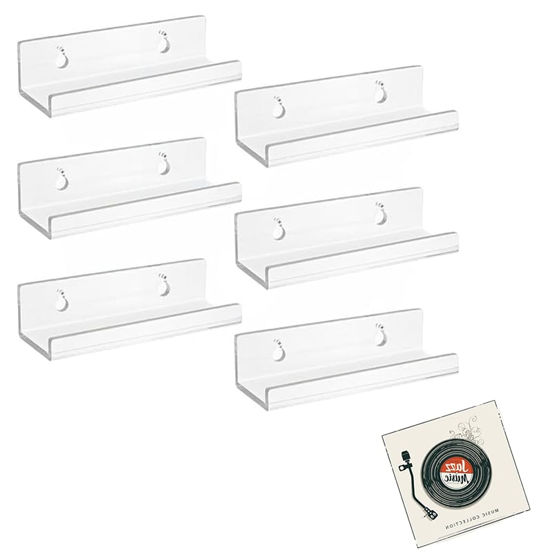 Zestaw 6 przezroczystych akrylowych półek na płyty - małe półki ścienne - na zdjęcia, książki, płyty - 10 x 3,5 x 3 cm
