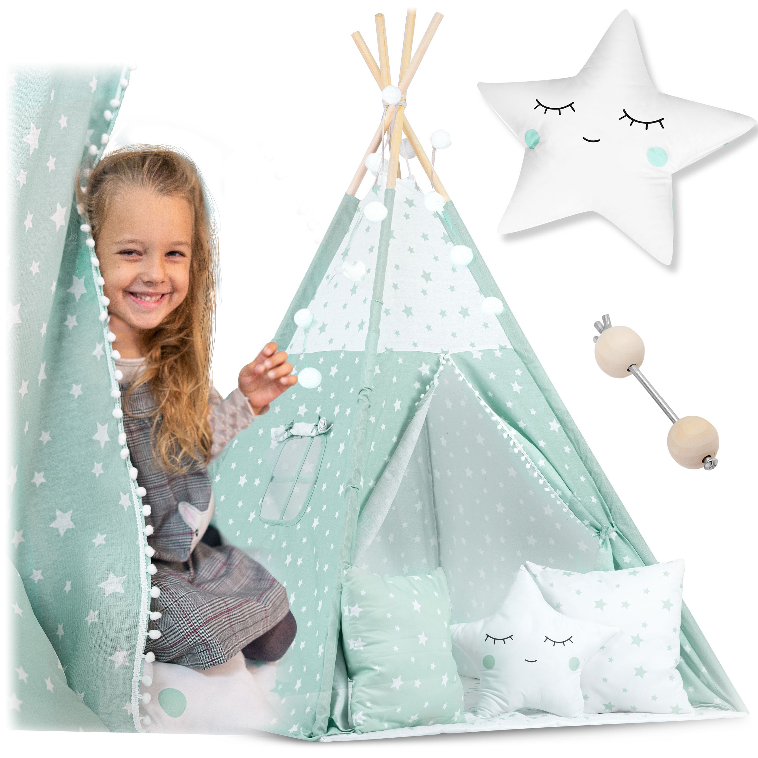 Tipi namiot wigwam Nukido NK-400 miętowy dla dzieci TEEPEE girlanda poduszki stabilizator