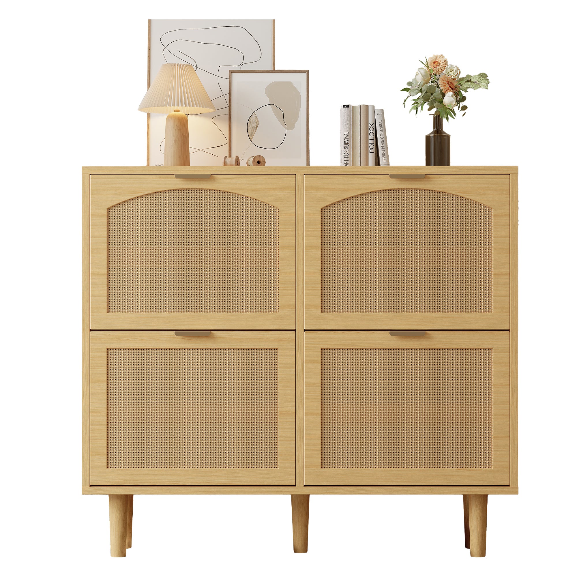 Meuble à chaussures avec 4 tiroirs rabattables en rotin - 100 x 25 x 90 cm - Panneau de particules - Chêne clair - 7