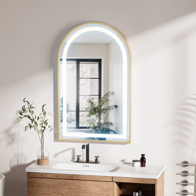 BOMCLAP Espelho de casa de banho LED com controlo por toque, espelho com indicação da hora e temperatura, espelho residencial de design minimalista