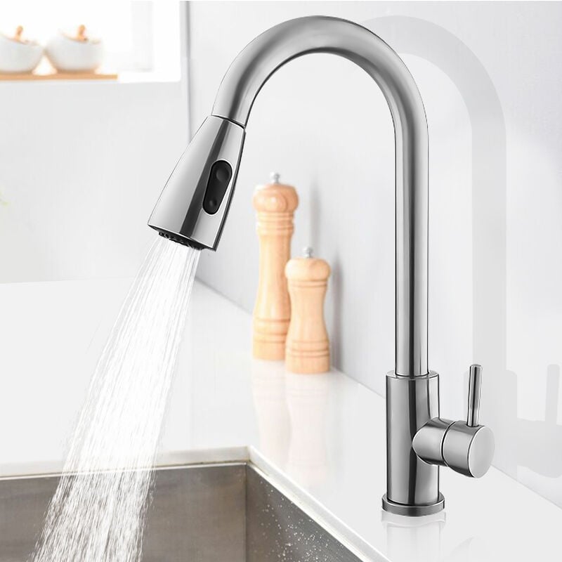 Bateria kuchenna z wyciąganą wylewką, bateria zlewozmywakowa obracana o 360°, dostępna ciepła i zimna woda, stal nierdzewna - Srebrna