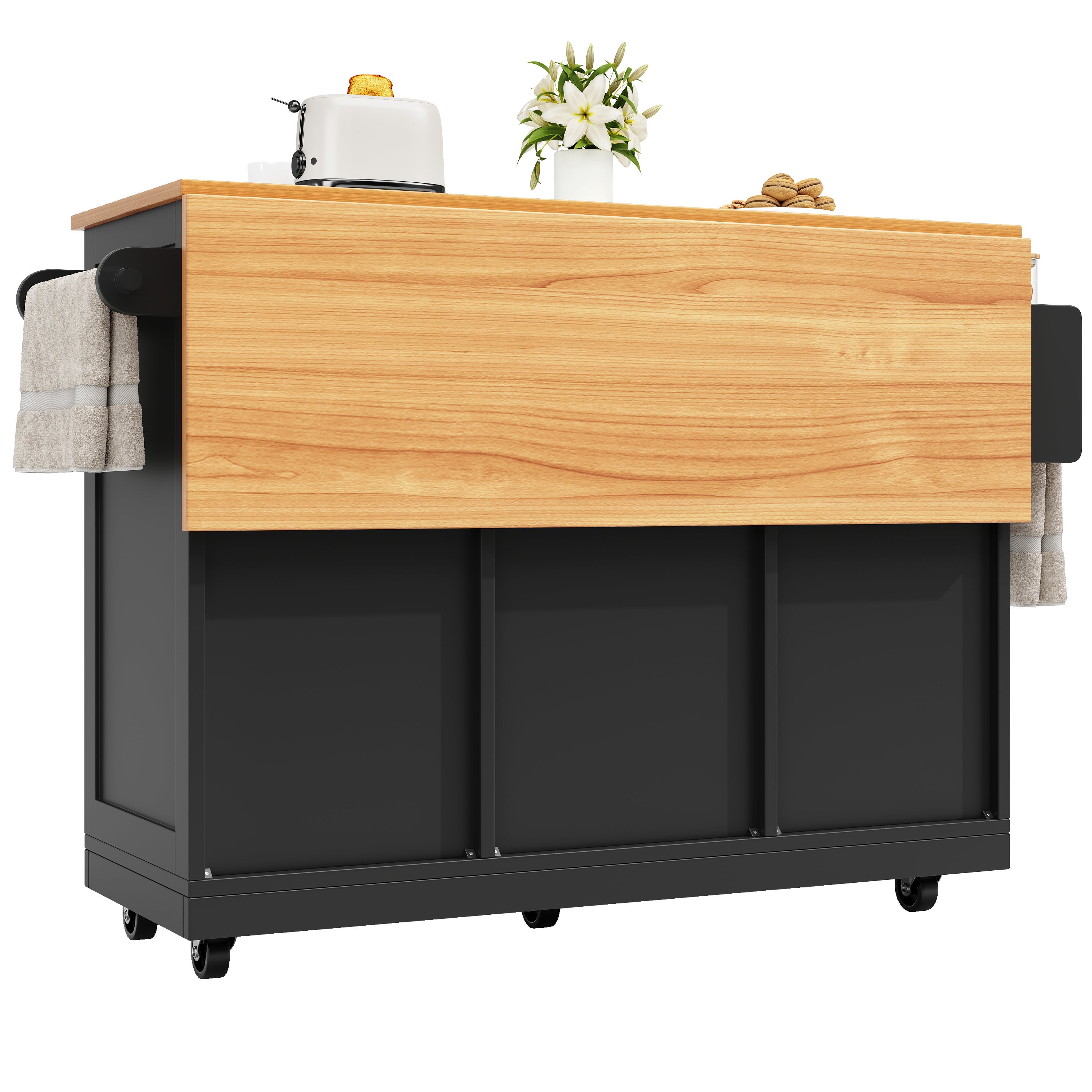 Ilot central de cuisine mobile 140x70x93.5cm - 2 tiroirs et 4 portes - plateau extensible - étagères ajustables - noir - 6