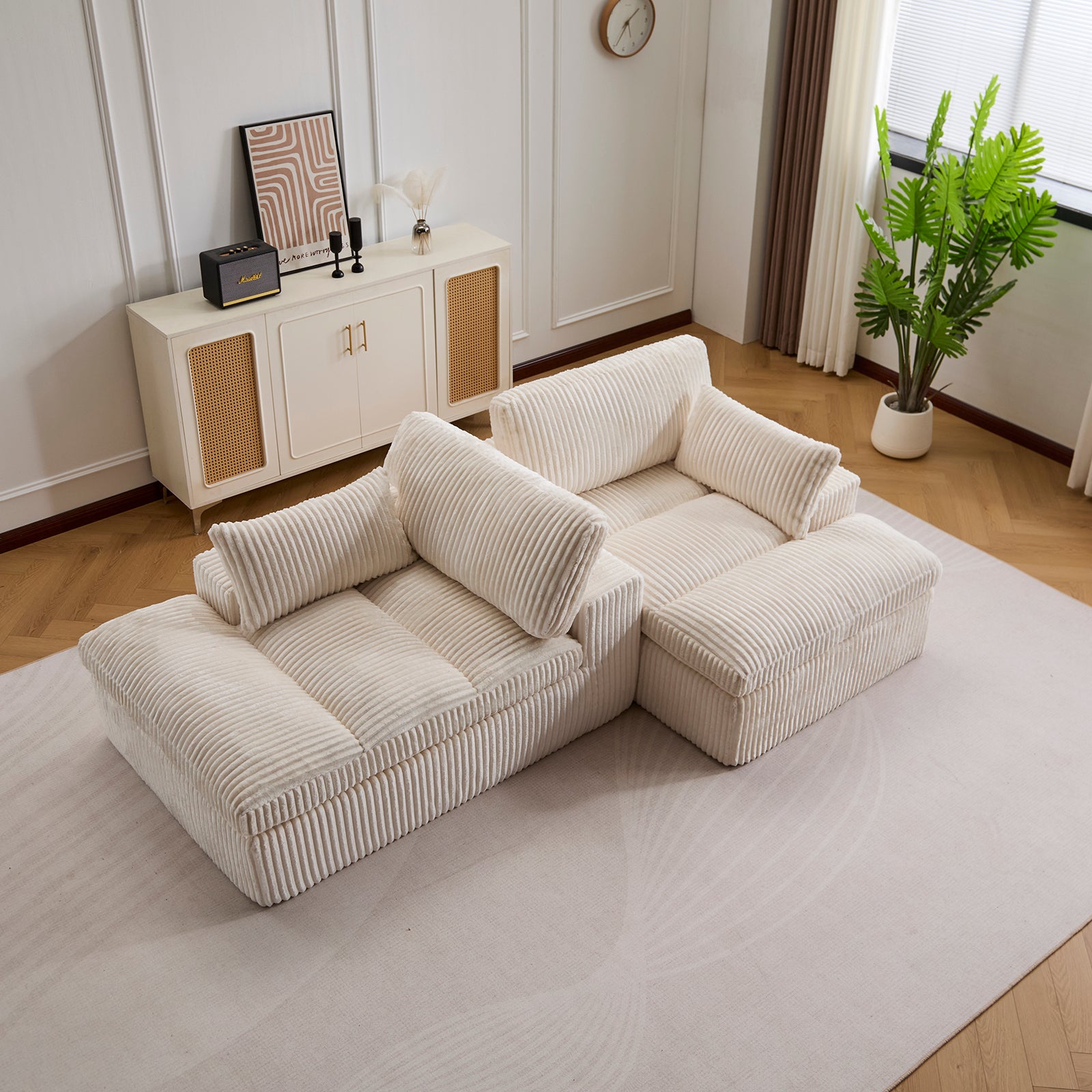 Canapé-lit modulable en velours côtelé avec chaise longue, design prêt à l'emploi, spécialement conçu pour les appartements compacts, blanc - 2