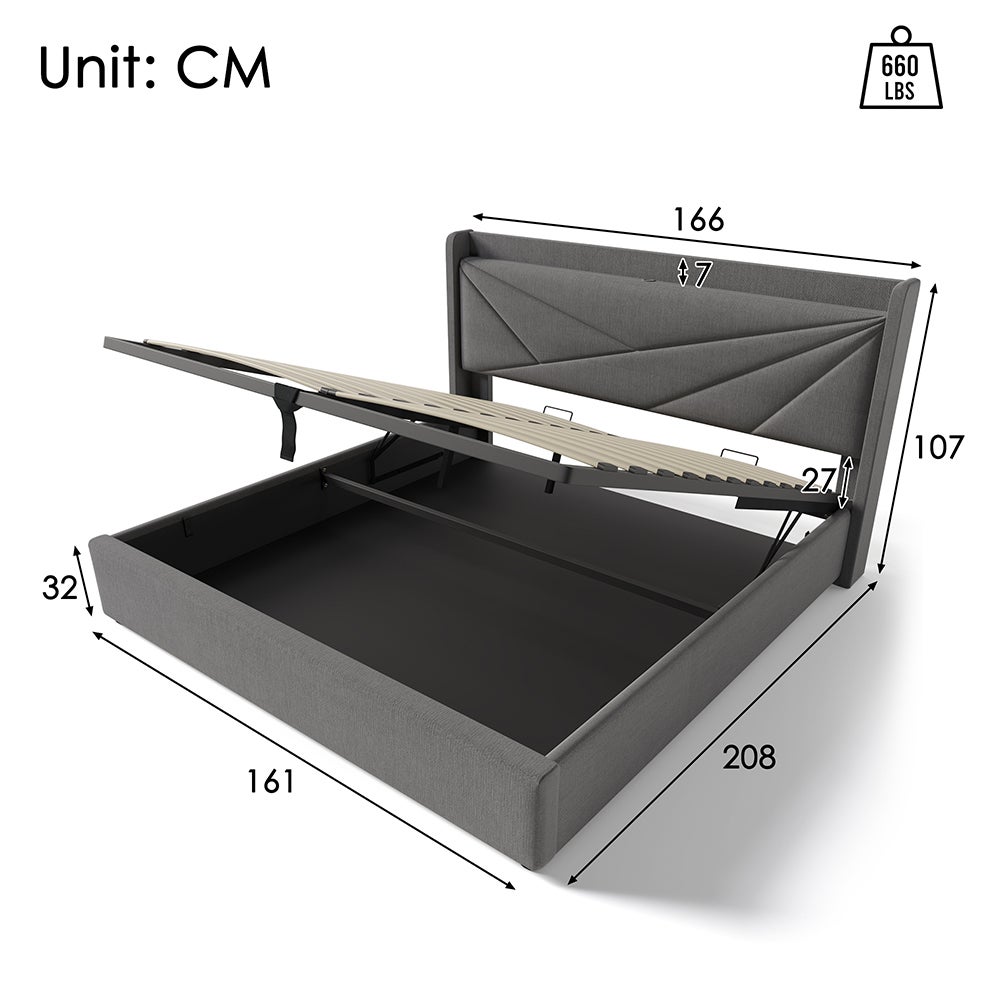 Lit coffre Lit double rembourré Lit de rangement Tête de lit avec fonction de chargement USB Cadre de lit en lin Lit 160x200 cm Gris - 3