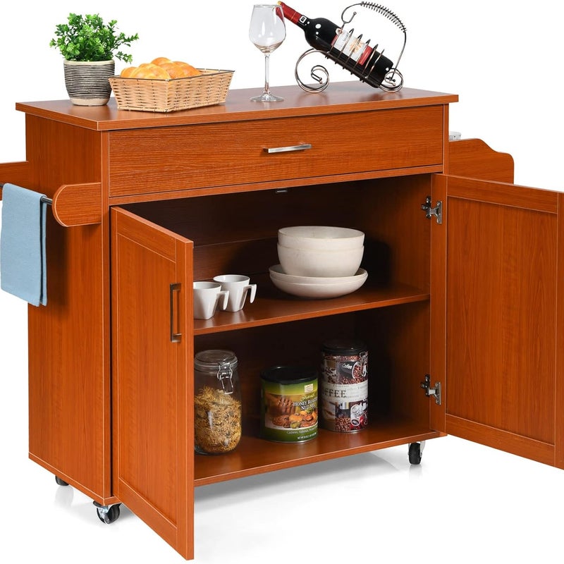 Wózek Kuchenny na Kółkach z 2 Półkami i 1 Szufladą, Drewniany Wózek do Przechowywania z Wieszakiem na Ręczniki do Kuchni i Salonu (Pomarańczowy)