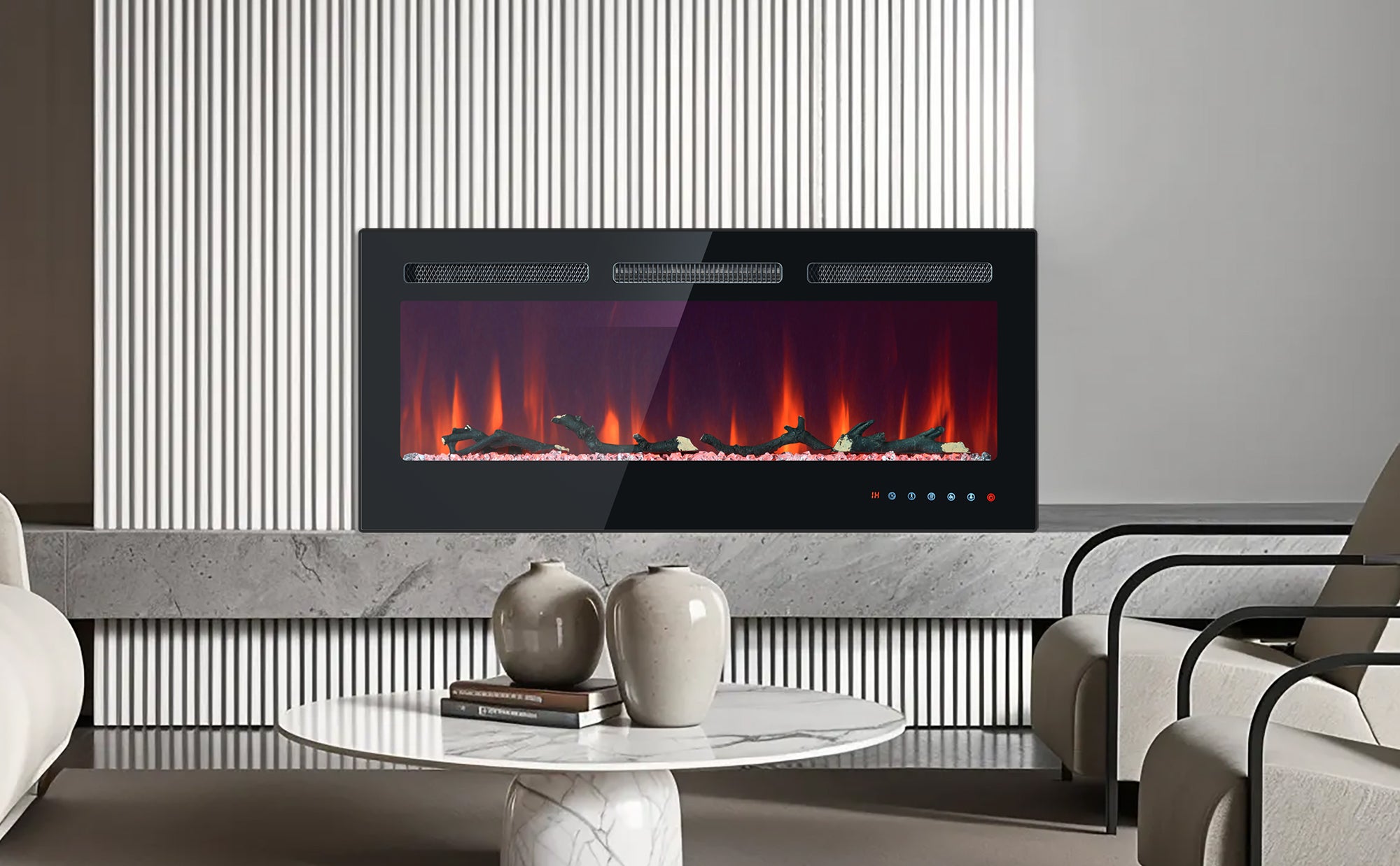 Kominek elektryczny naścienny i do zabudowy, regulowany termostat, z zestawem kryształów i drewna, pilot zdalnego sterowania i ekran dotykowy