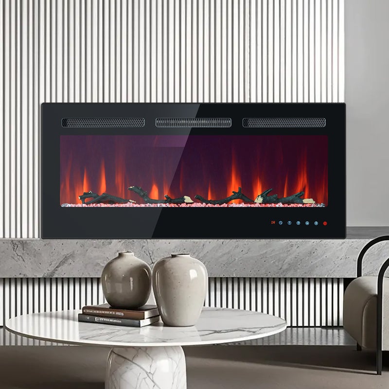 Kominek elektryczny naścienny i do zabudowy, regulowany termostat, z zestawem kryształów i drewna, pilot zdalnego sterowania i ekran dotykowy
