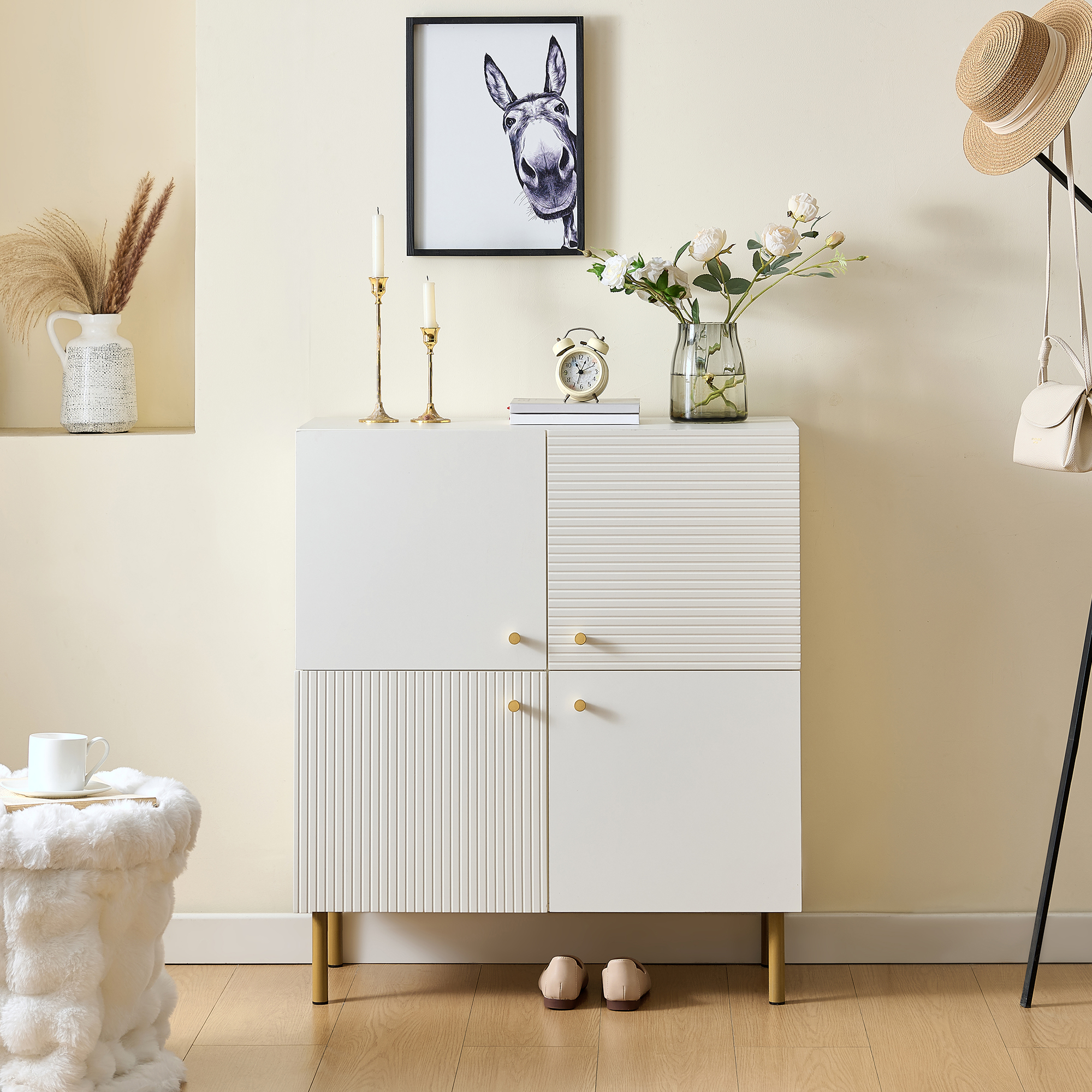 Komoda z 2 drzwiami i uchwytami ze stopu cynku - 80 x 36 x 90 cm - MDF + nogi stalowe - biała