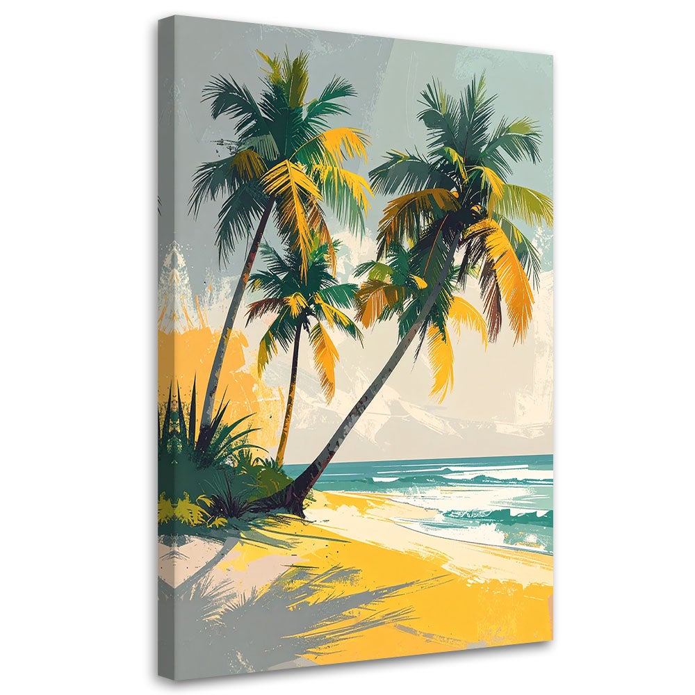 Obraz do salonu sypialni biura spa hotelu, Tropikalna plaża palmy w pastelach zielony żółty 80x120